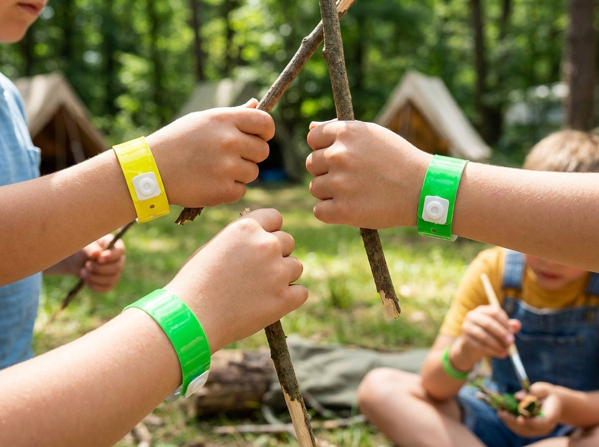 Farebné náramky z Tyveku pre mini-klub kempingu, ktoré nosia deti počas vonkajšej animácie