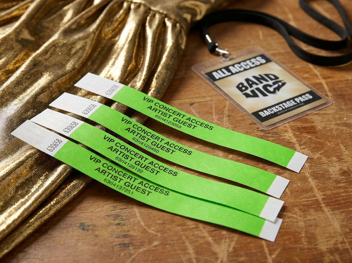 Personalizované VIP identifikačné náramky na koncert, položené na zákulisnom stole so zlatou lamé látkou a umeleckým preukazom