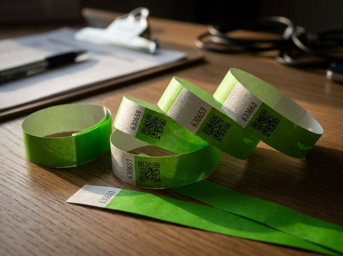 Personalizované náramky kontroly vstupu z Tyveku a odolného materiálu s QR kódmi a sekvenčným číslovaním, položené na stole eventovej réžie