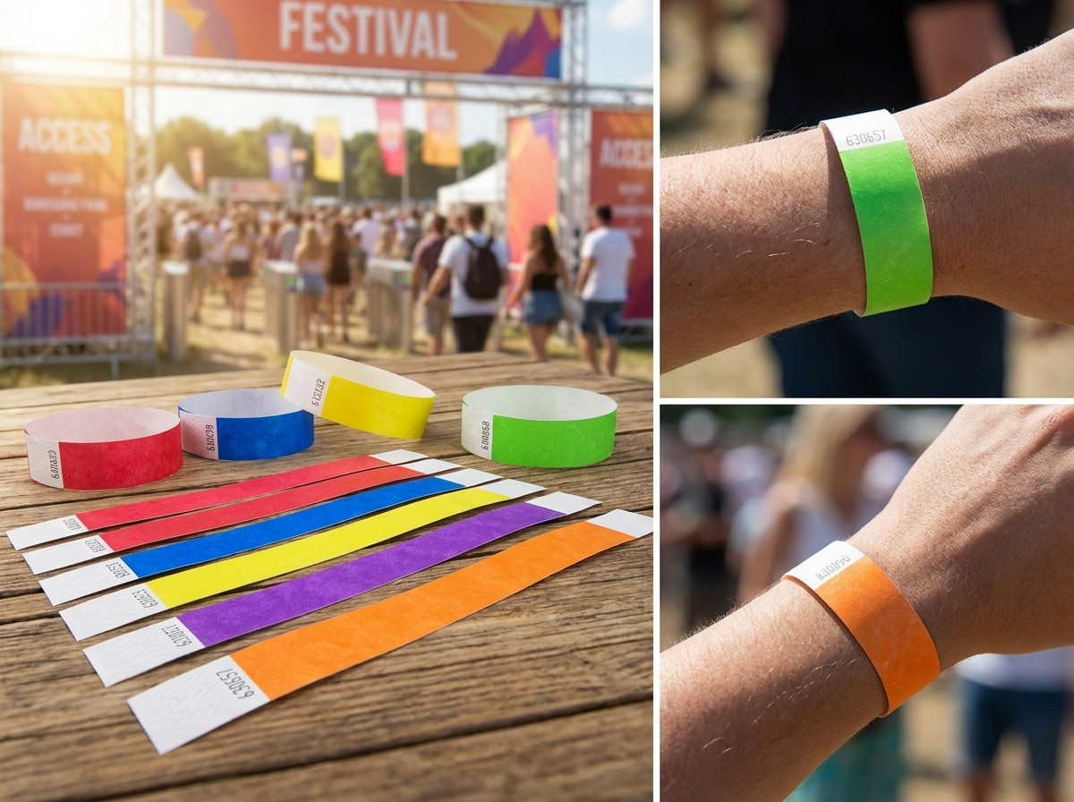 Náramky kontroly vstupu v rôznych farbách pre VIP a vyhradené zóny počas festivalu