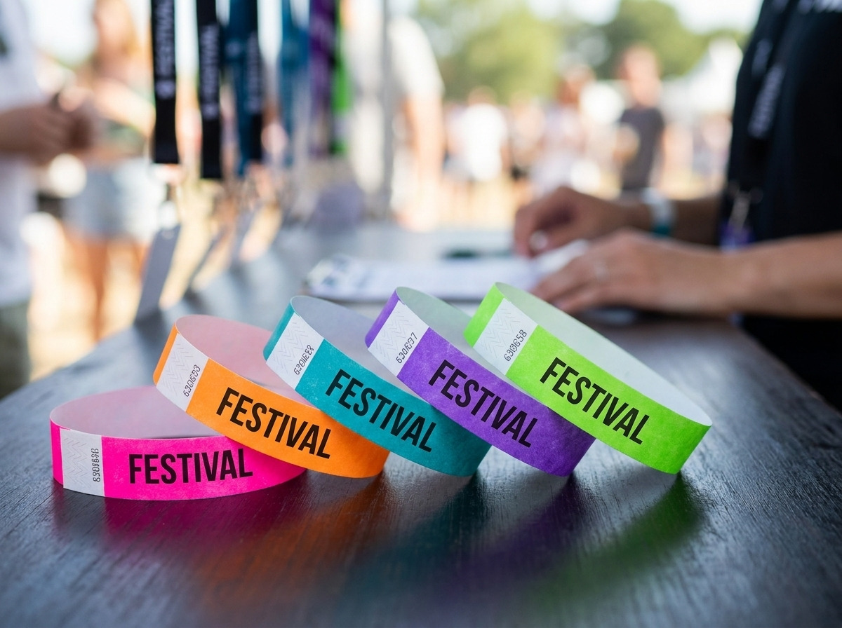 Personalizované festivalové náramky z Tyveku vo viacerých farbách s HD tlačou a bezpečnostným uzáverom proti prenosu, položené na stole eventovej réžie