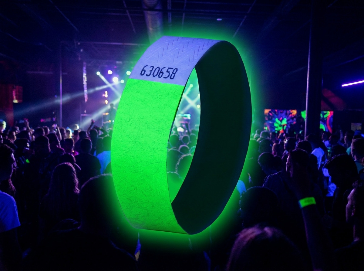 Fluorescenčné Tyvek náramky reagujúce na čierne svetlo pre elektro festival, s logom a QR kódom tlačenými vo vysokom rozlíšení