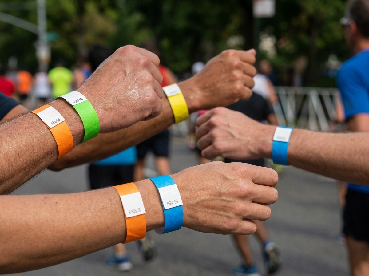 Bežci s farebnými identifikačnými náramkami počas mestského maratónu