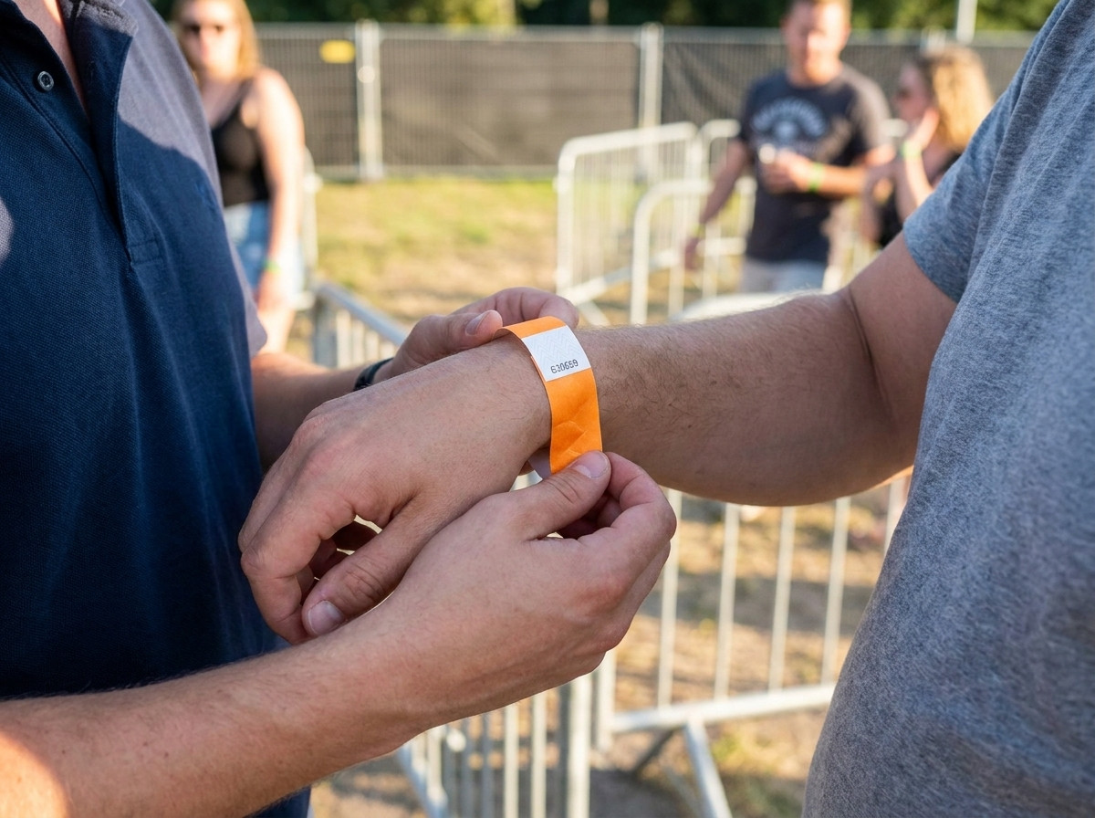 Recepčný personál festivalu nasadzujúci číslovaný identifikačný náramok na zápästie účastníka pri vstupe