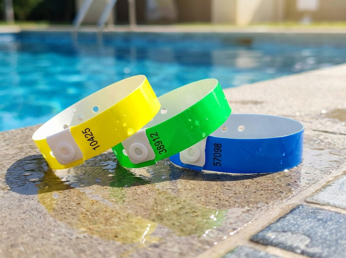 Personalizované vinylové PVC náramky pre predplatné bazéna s číslom predplatiteľa a QR kódom, položené na okraji bazéna