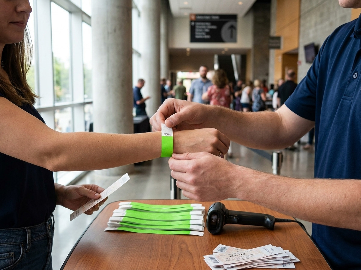 Kontrolný stôl pri vstupe na festival s navrstvených náramkami Tyvek s QR kódom pripravenými na distribúciu a pracovníkom skenujúcim zápästie účastníka telefónom