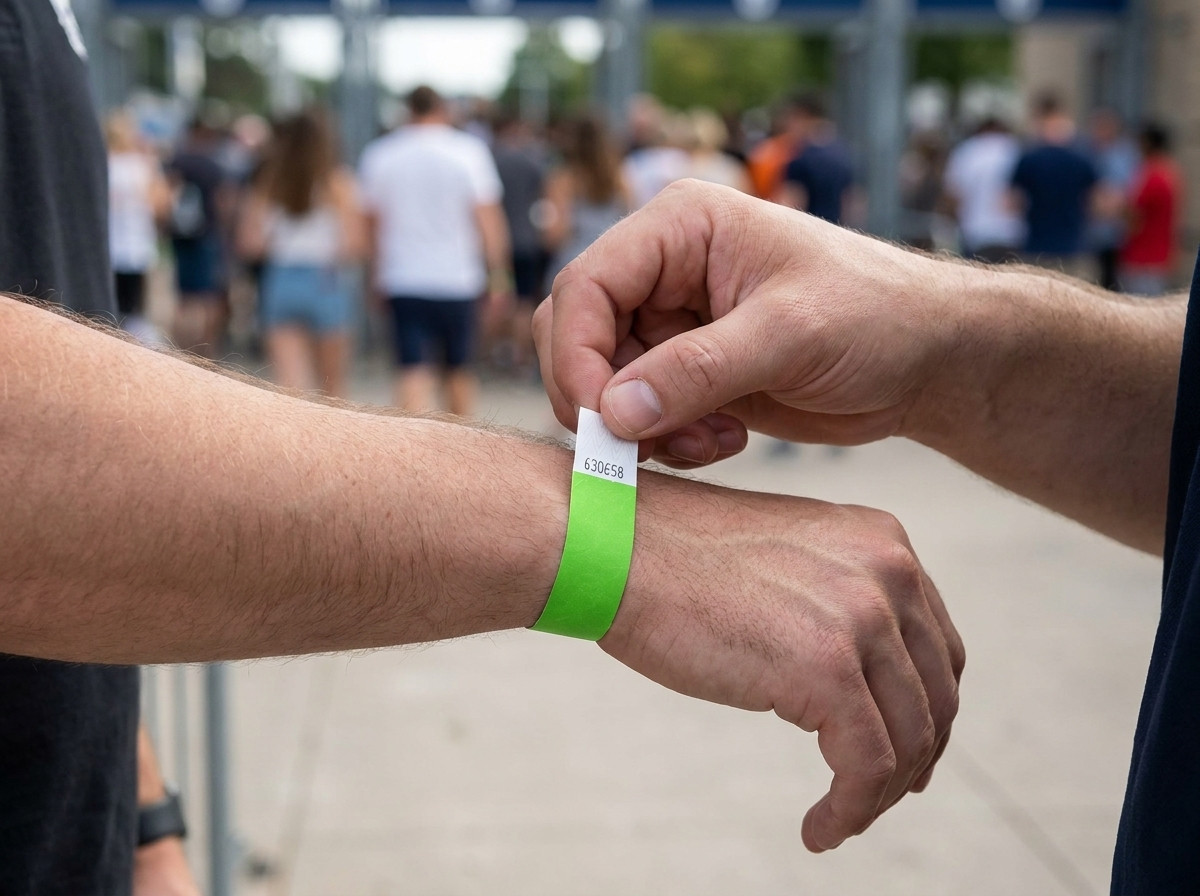Bezpečnostný pracovník kontrolujúci neprenosné identifikačné náramky pri vstupe na veľký festival v prírode, s davom viditeľným v pozadí