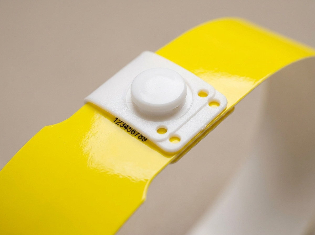 Detail žltého vinylového PVC náramka s plastovým stláčacím uzáverom